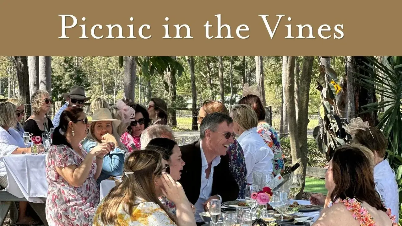 Guests seated at long tables in the picnic grounds at Saddler's Creek Wines, Pokolbin, for Picnic in the Vines, a long lunch in the Hunter Valley